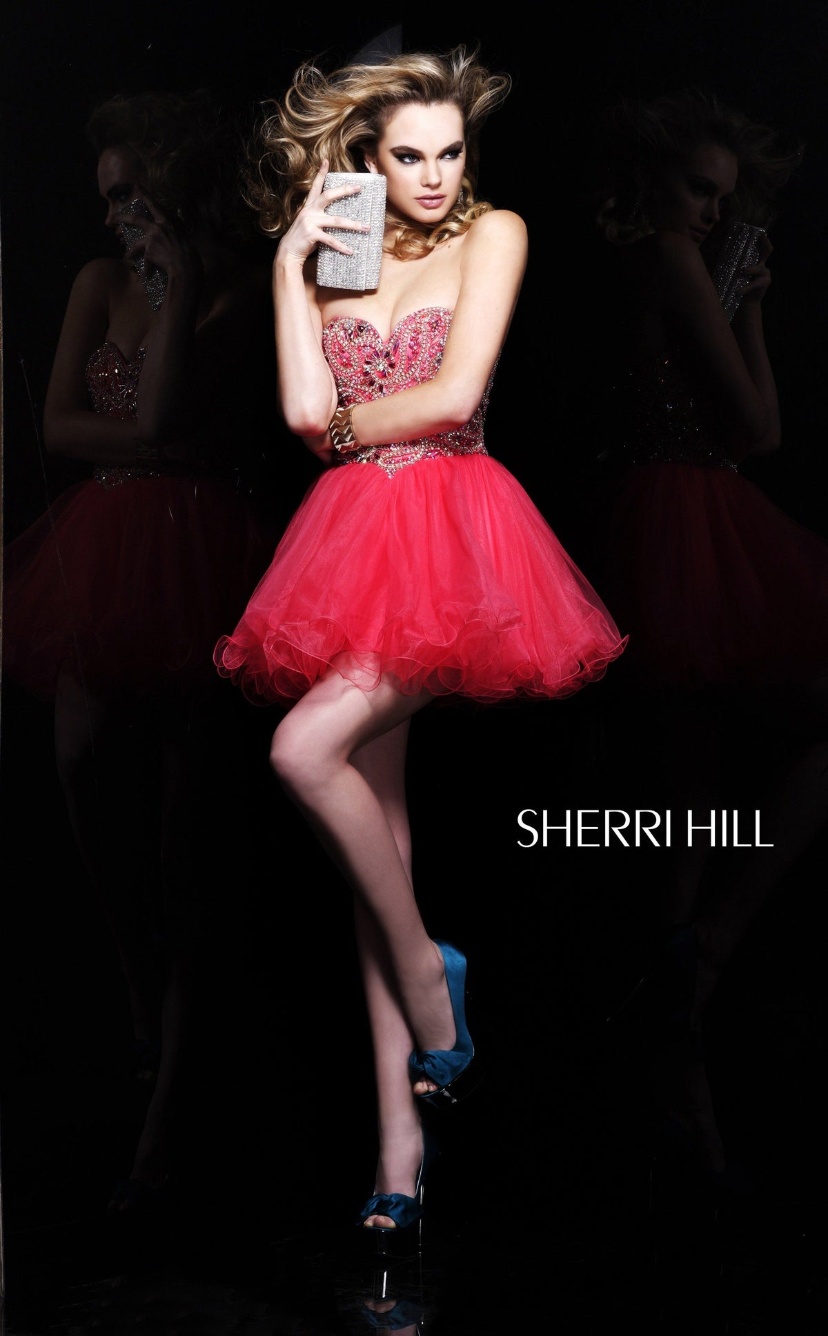 Sherri Hill 2864 beaded cocktail dress with ruffled tulle skirt in fuchsia