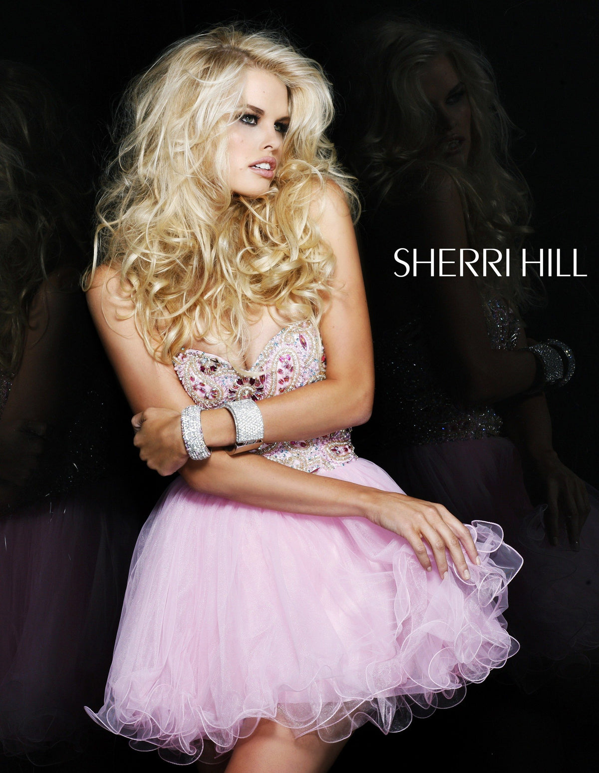 Sherri Hill 2864 beaded cocktail dress with ruffled tulle skirt in pink