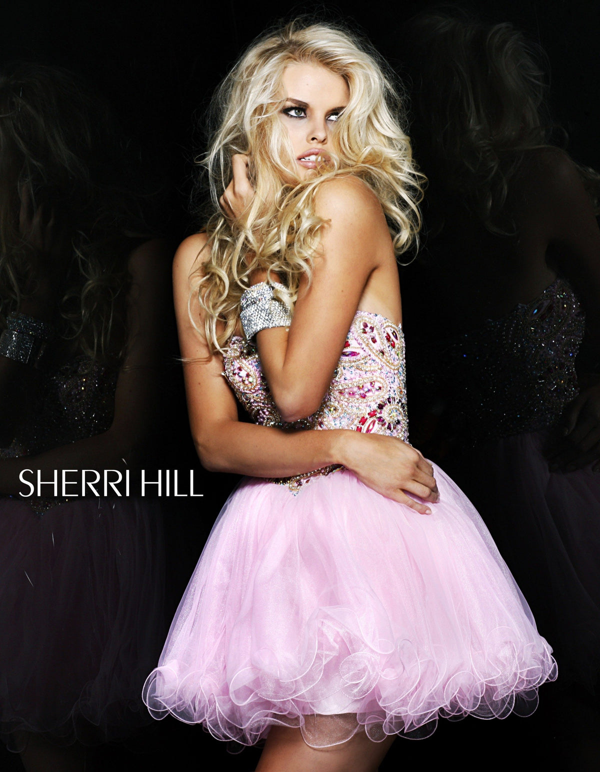 Sherri Hill 2864 beaded cocktail dress with ruffled tulle skirt