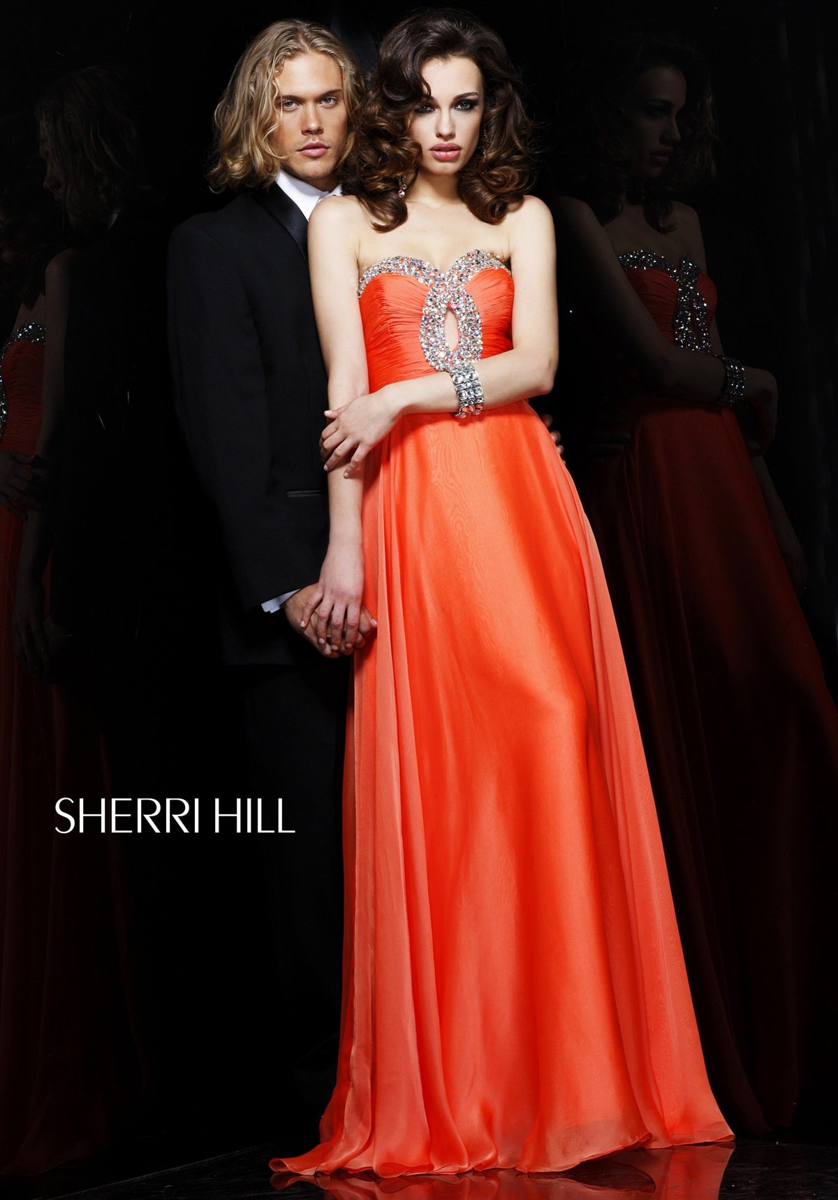 Sherri Hill 2845 strapless beaded satin gown in orange