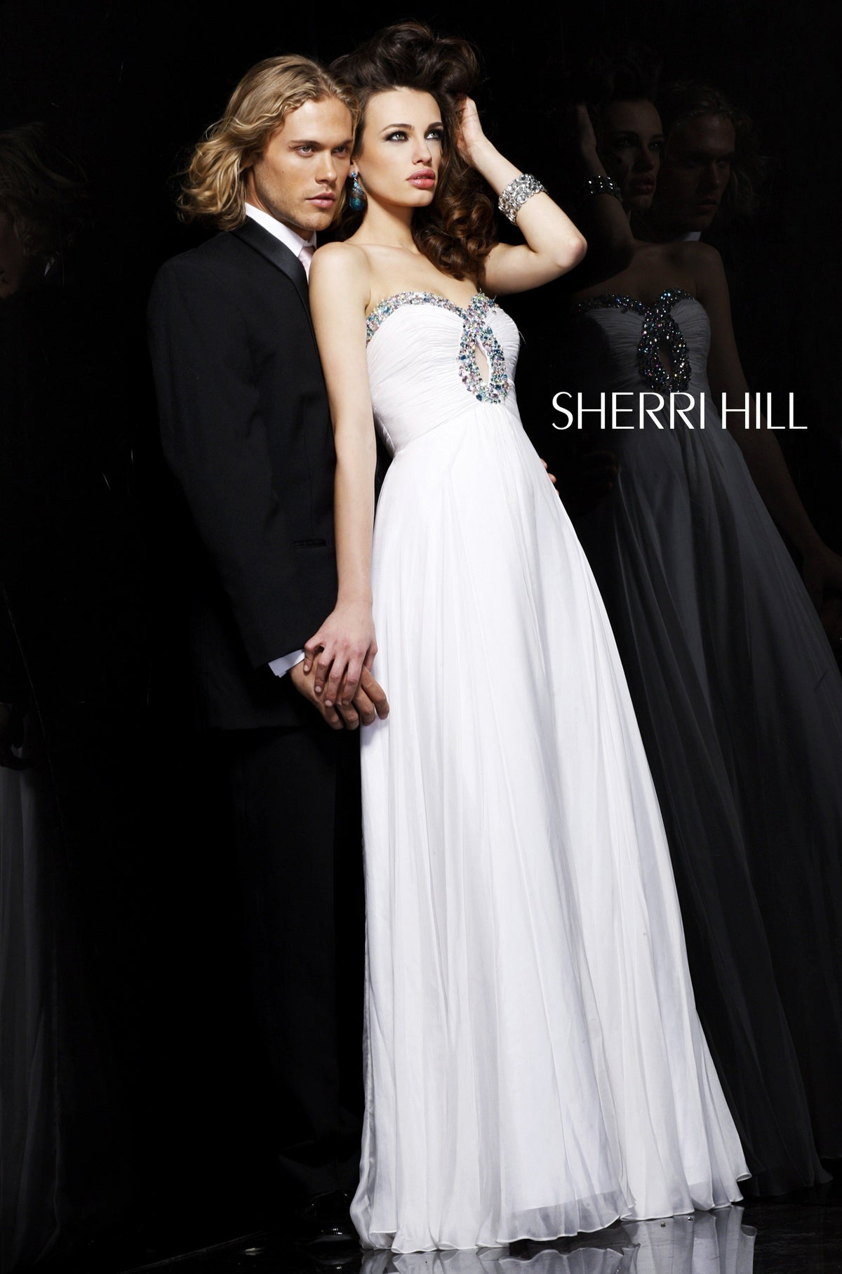 Sherri Hill 2845 strapless beaded satin gown in white/multi