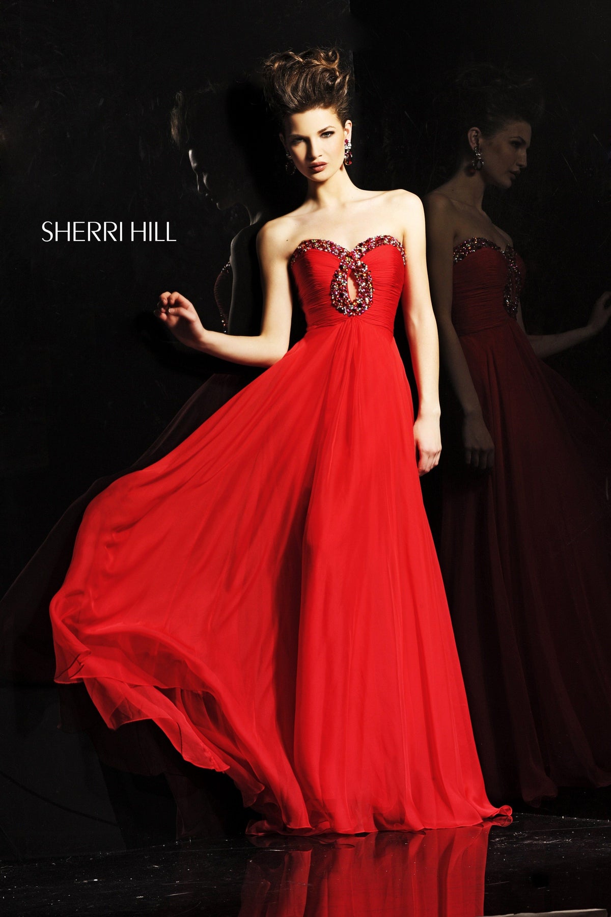 Sherri Hill 2845 strapless beaded satin gown in red