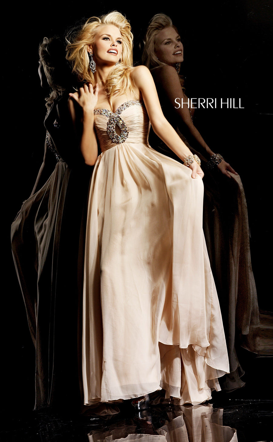 Sherri Hill style 2845 in white/multi, Strapless Beaded Satin Gown