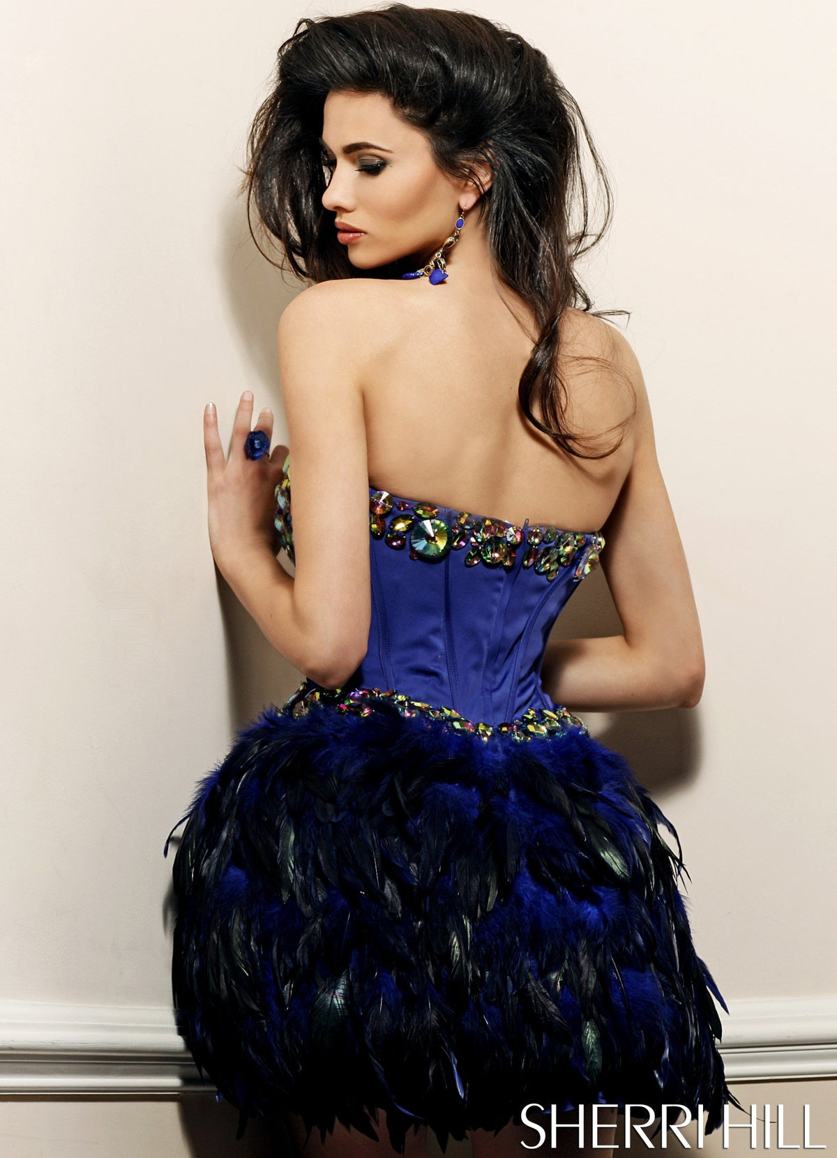 Sherri Hill 2886 strapless beaded cocktail dress with feather skirt
