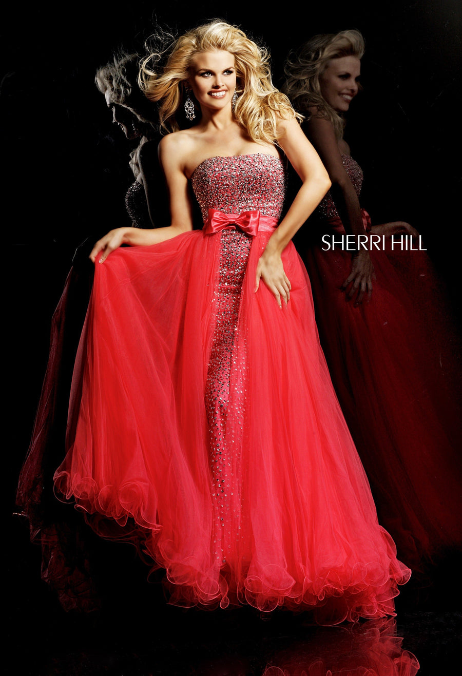 Sherri Hill style 2896 in aqua, Strapless Chiffon Gown with Bow Waist