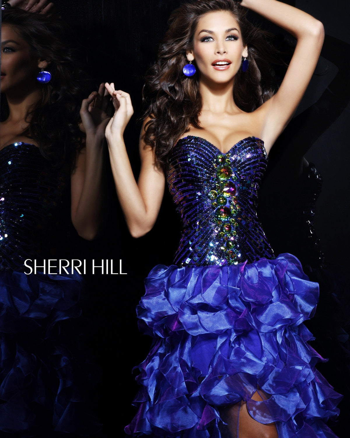 Sherri Hill 2920 strapless beaded high-low dress with ruffled skirt in purple