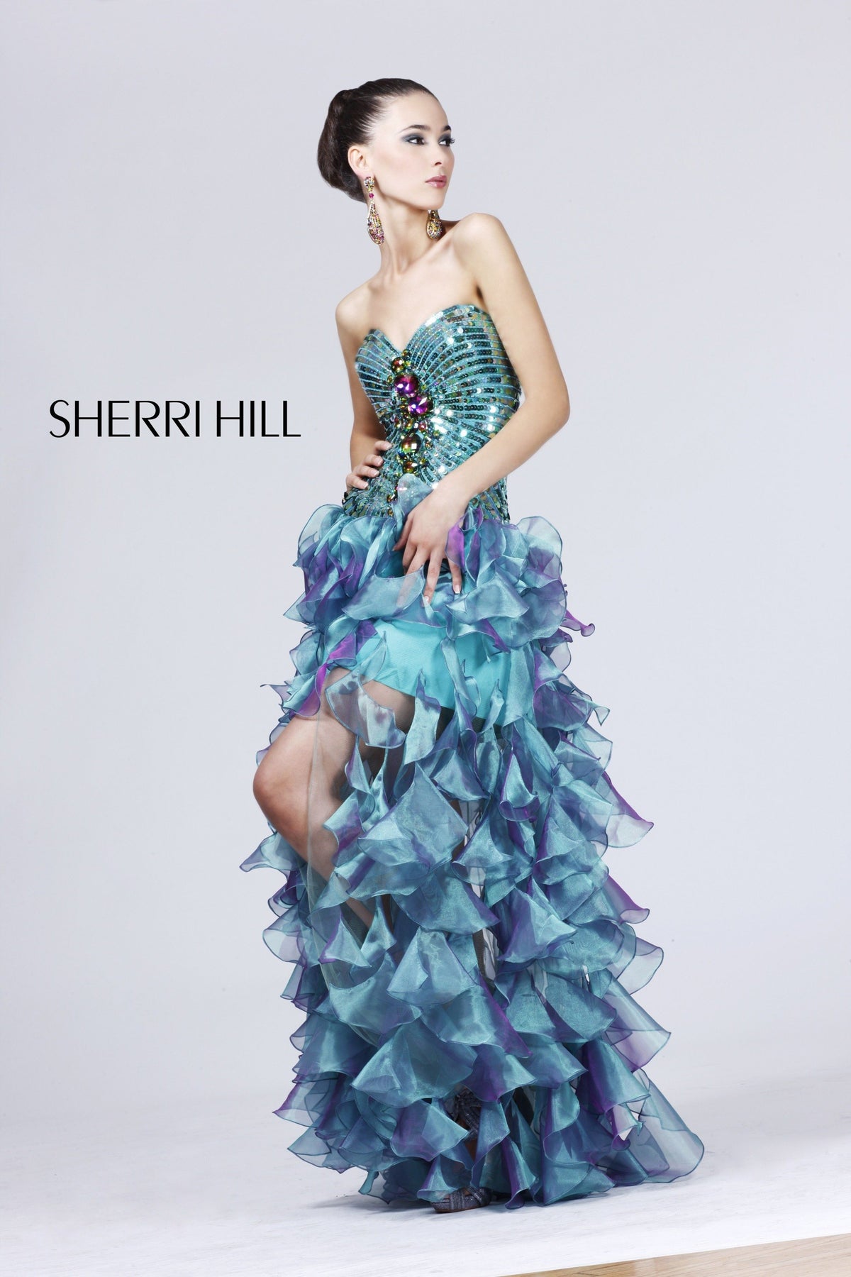 Sherri Hill 2920 strapless beaded high-low dress with ruffled skirt in green