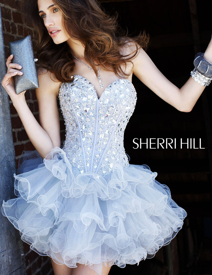 Sherri Hill style 2925 in silver, Beaded Cocktail Dress with Ruffled Skirt