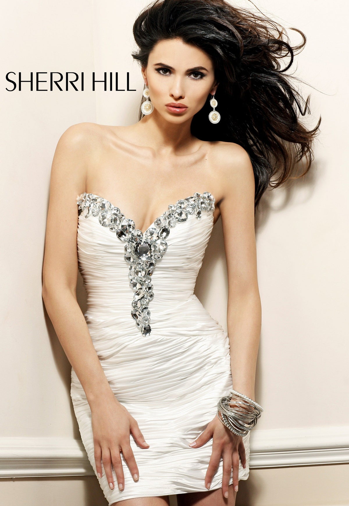 Sherri Hill 2931 strapless ruched fitted cocktail dress in white/silver