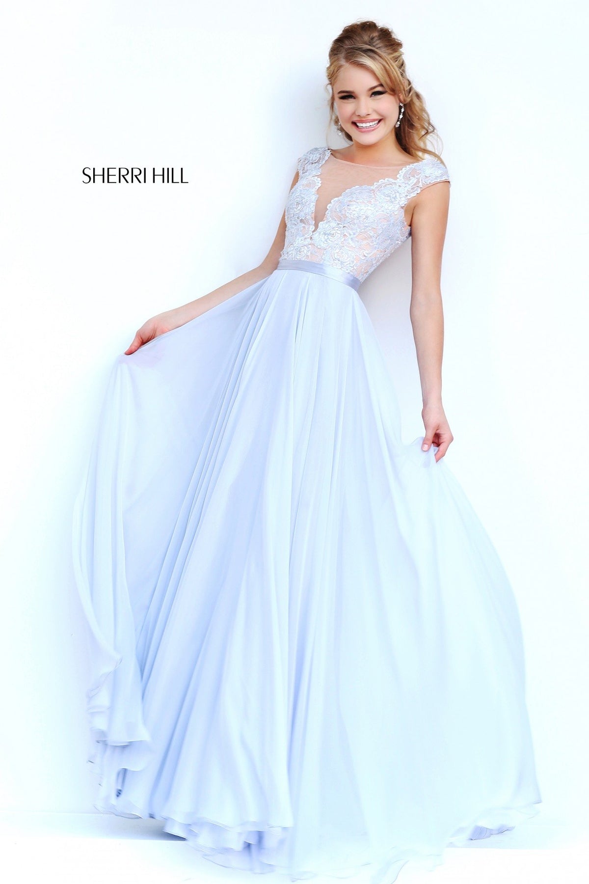 Sherri Hill 11269 cap-sleeve lace bodice chiffon gown in silver