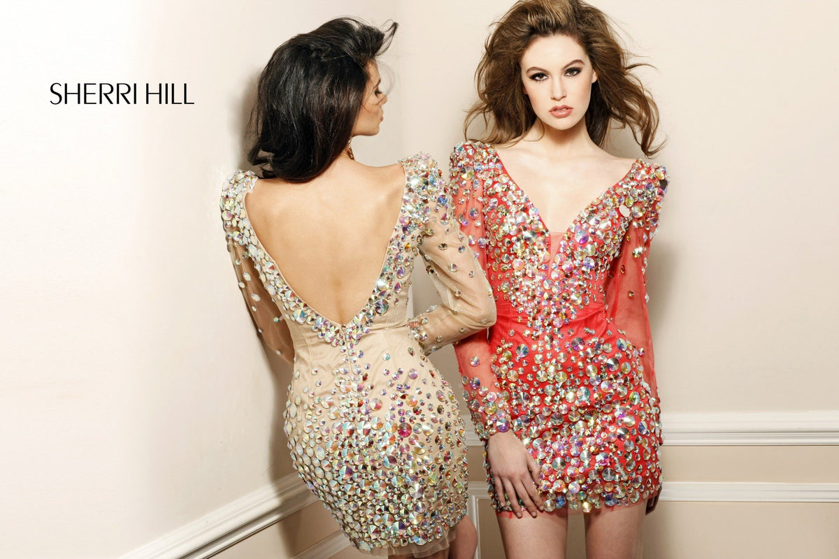 Sherri Hill 2946 long-sleeve beaded fitted cocktail dress