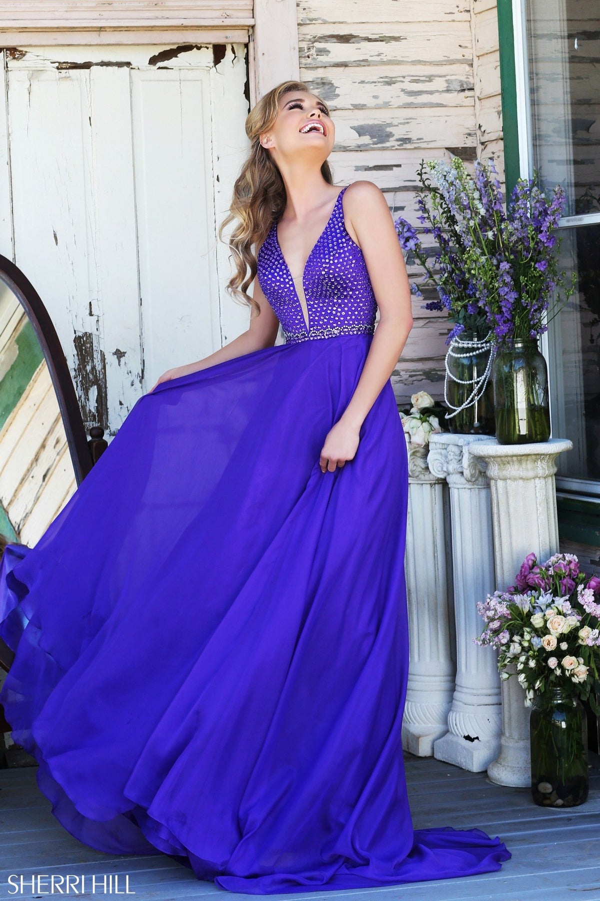 Sherri Hill 32150 V-neck chiffon gown in purple