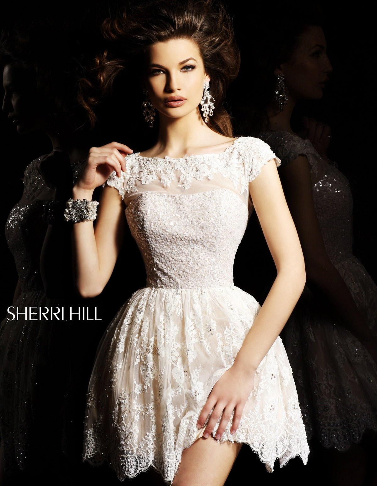 Sherri Hill 2957 cap-sleeve lace cocktail dress in ivory/nude