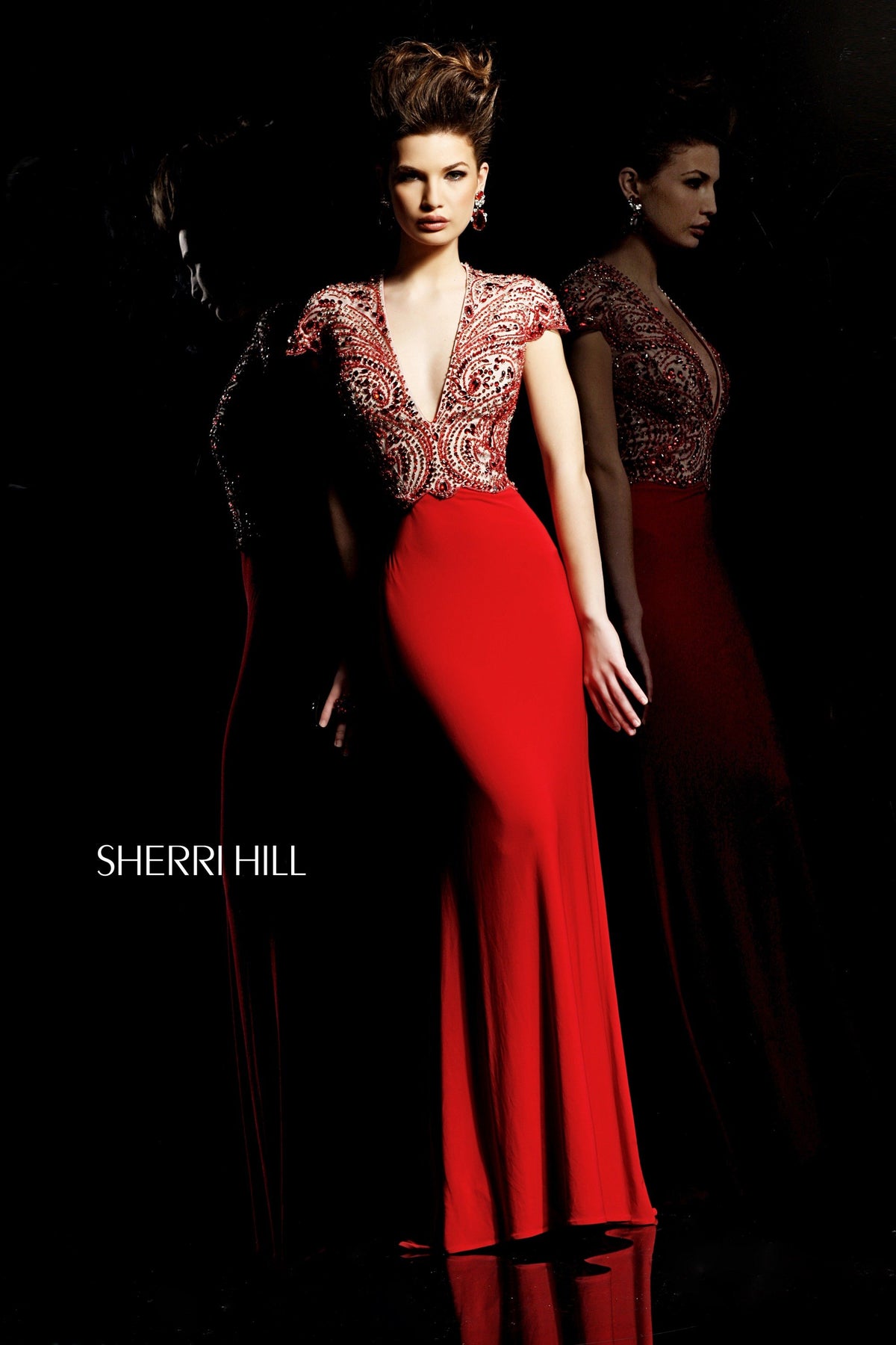 Sherri Hill 2960 cap-sleeve V-neck beaded fitted gown in red/nude