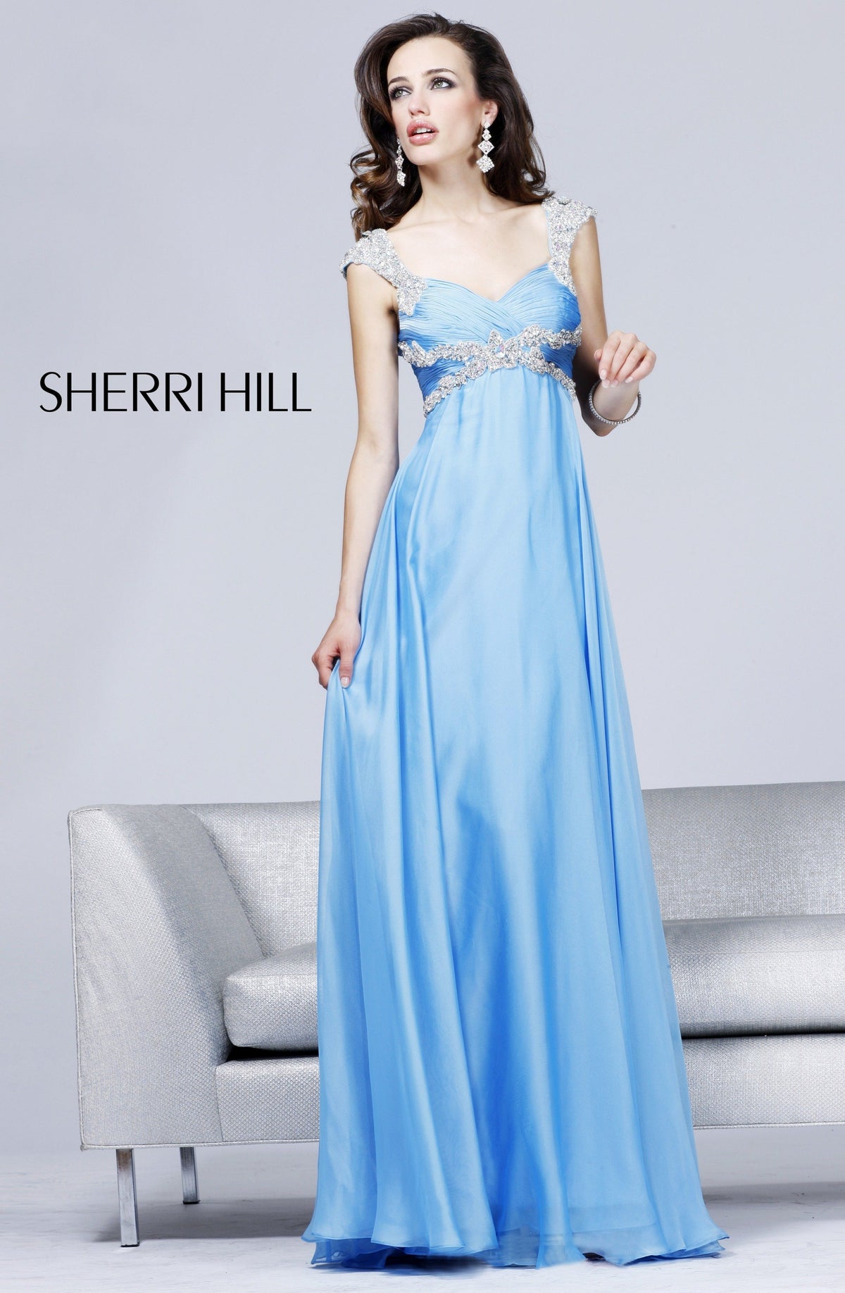 Sherri Hill 3843 beaded strap chiffon gown in blue