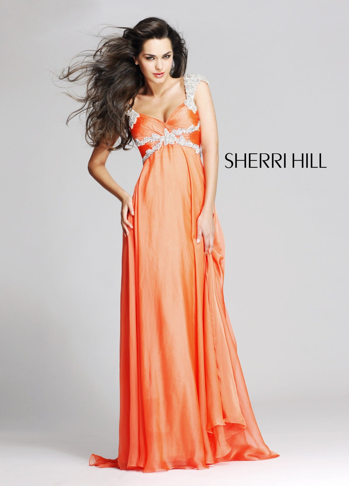Sherri Hill 3843 beaded strap chiffon gown in orange