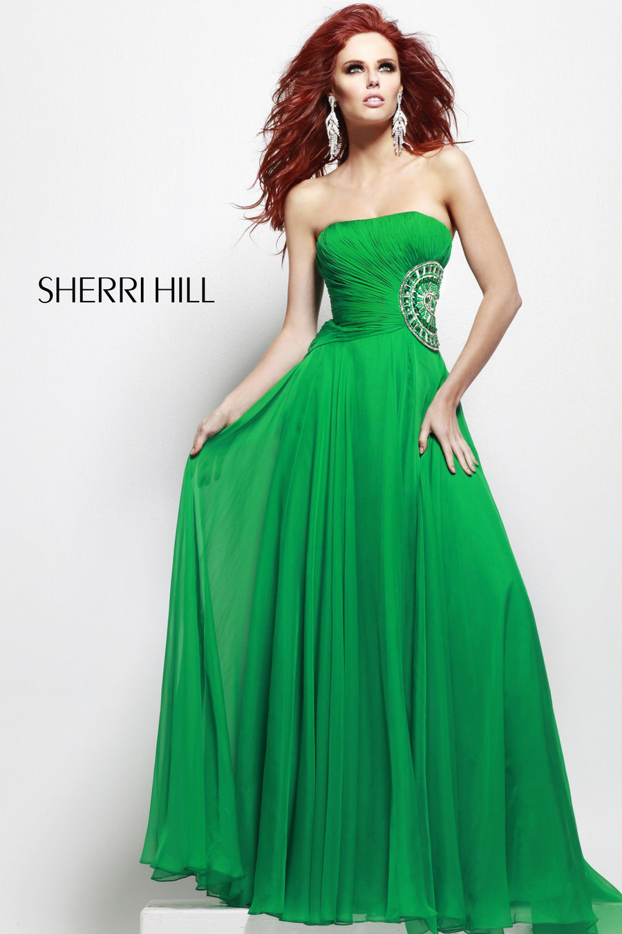 Sherri Hill style 1538 in emerald, Strapless Ruched Chiffon Gown