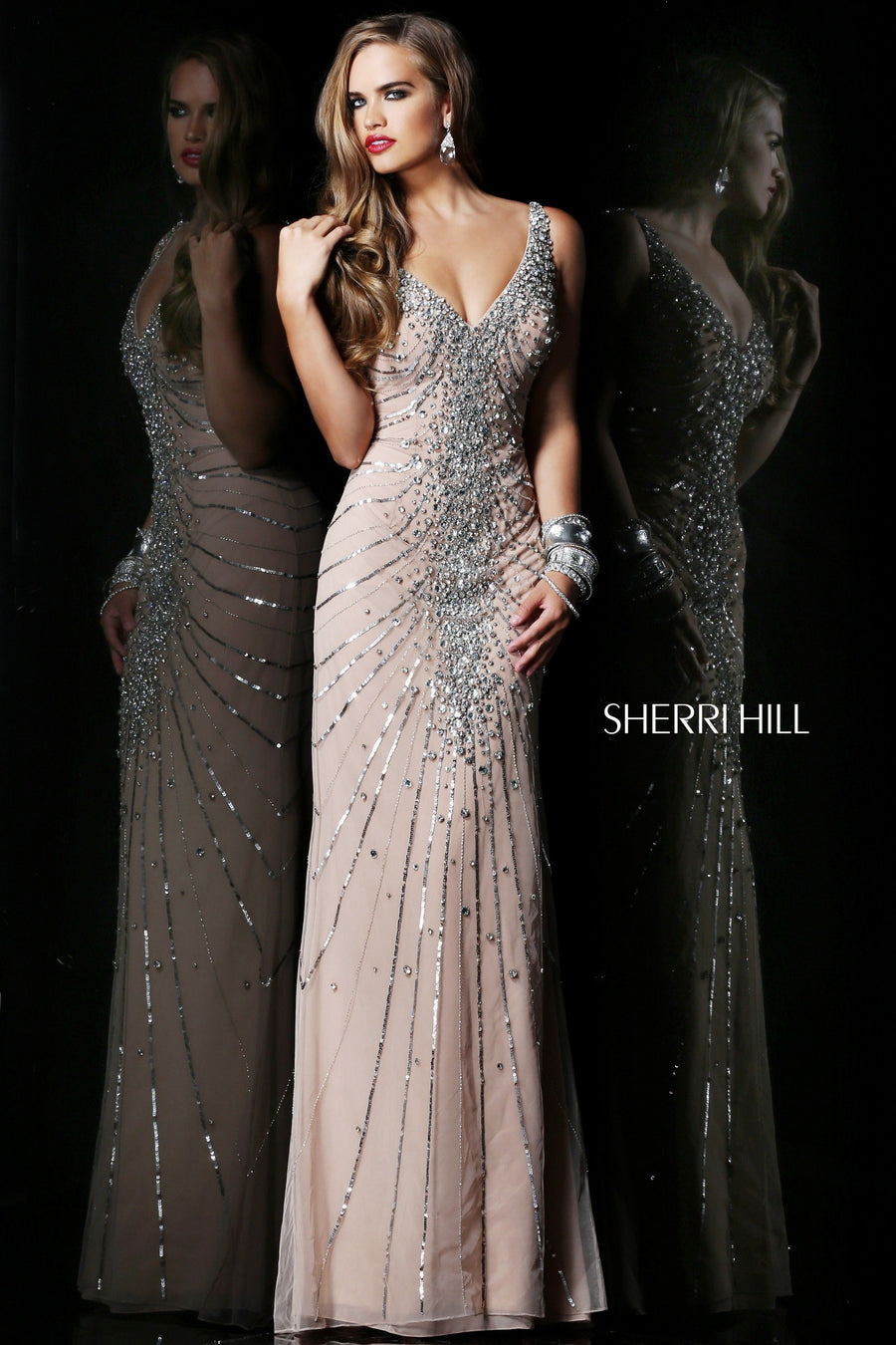 Sherri Hill style 1599 in nude/silver, Beaded Fitted Gown