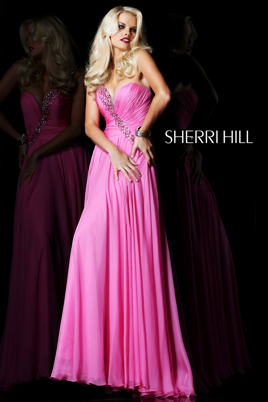 Sherri Hill style 1548 in melon, One-Shoulder Chiffon Gown