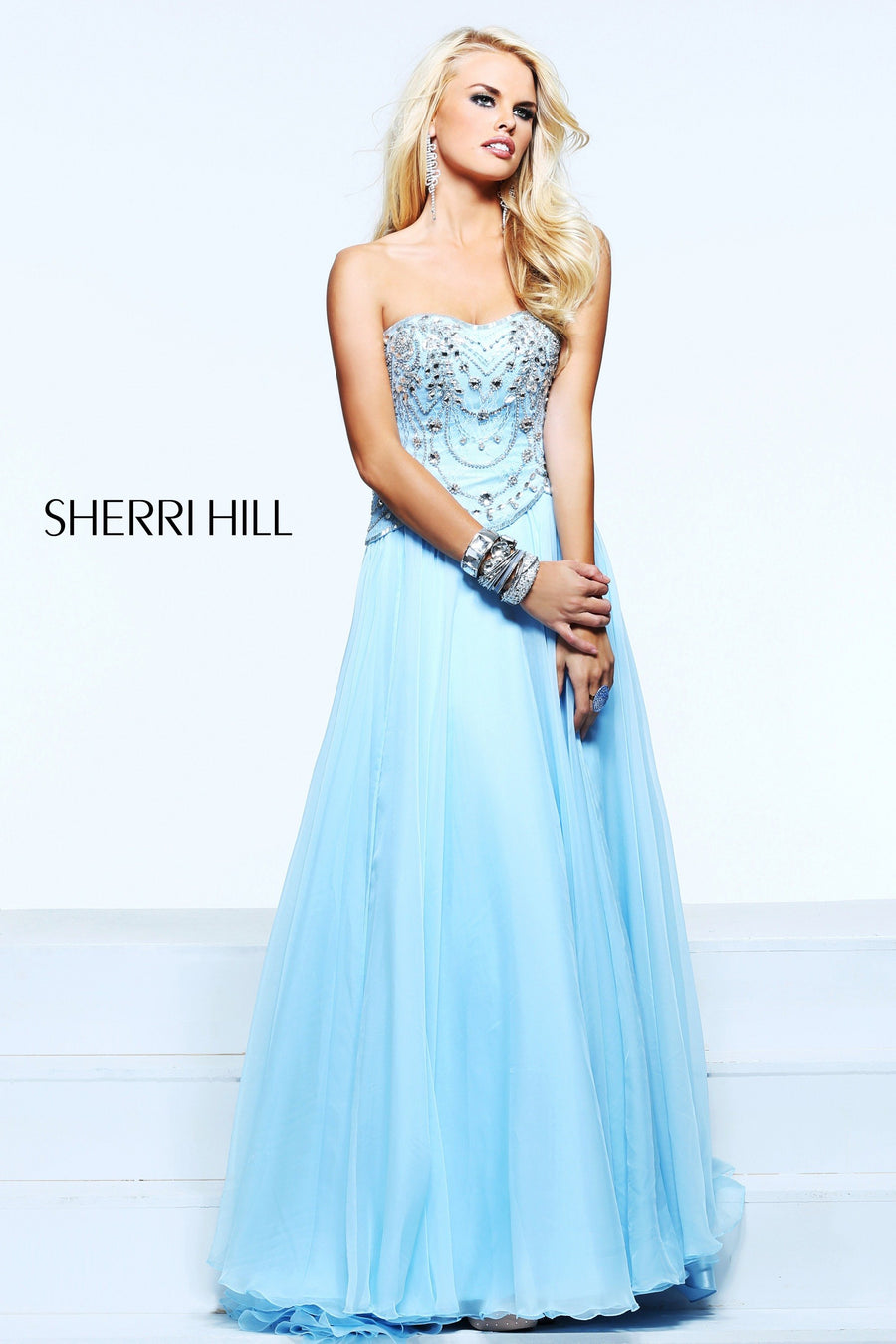 Sherri Hill style 1568 in light blue/silver, Sweetheart Beaded Chiffon Gown