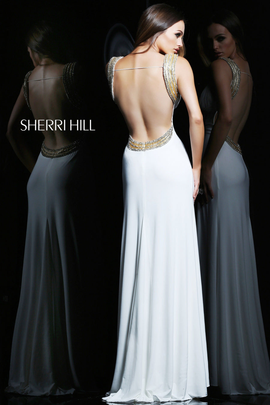 Sherri Hill style 1597 in ivory/gold, Open-Back Fitted Jersey Gown