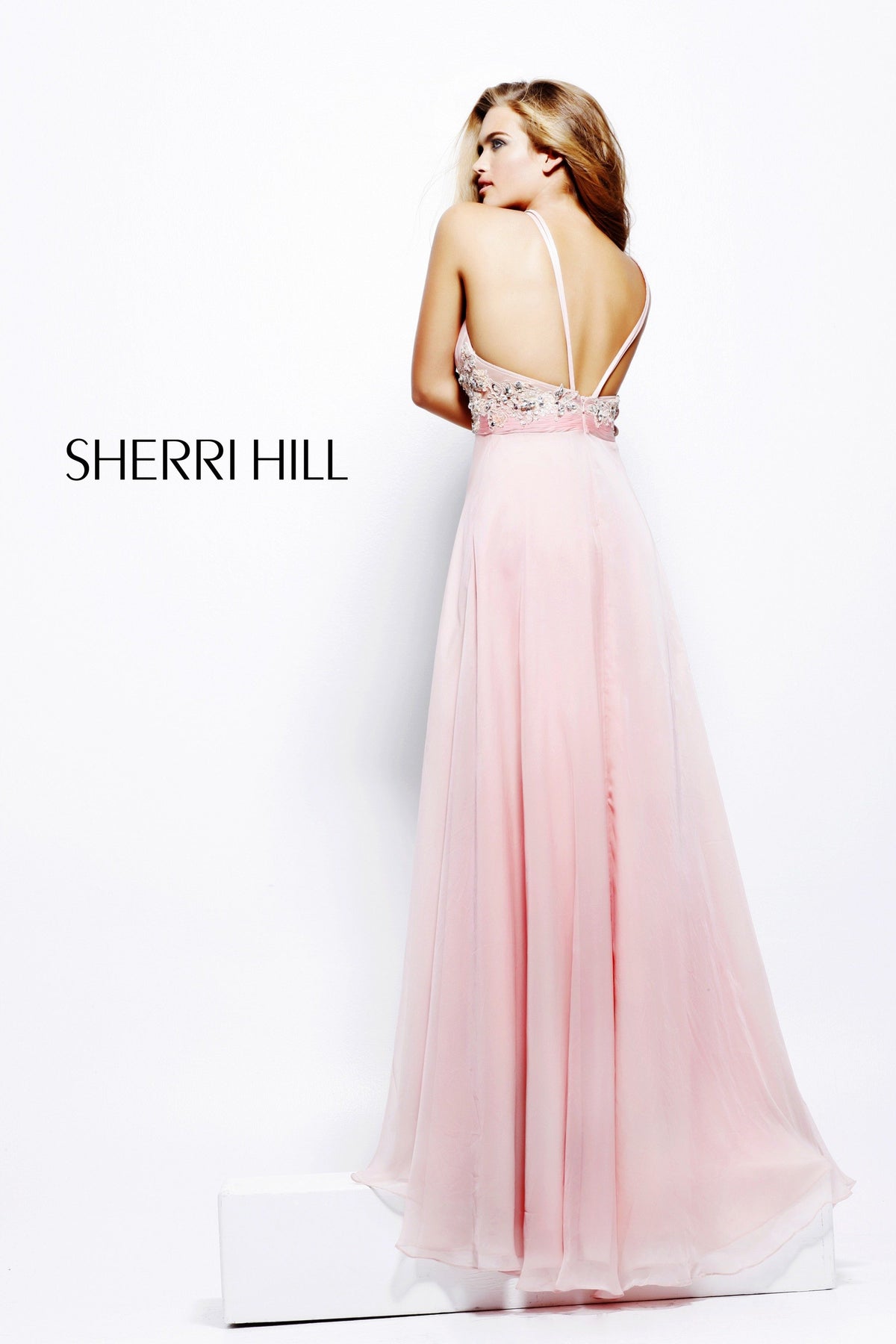 Sherri Hill 1905 strapless beaded bodice chiffon gown in pink