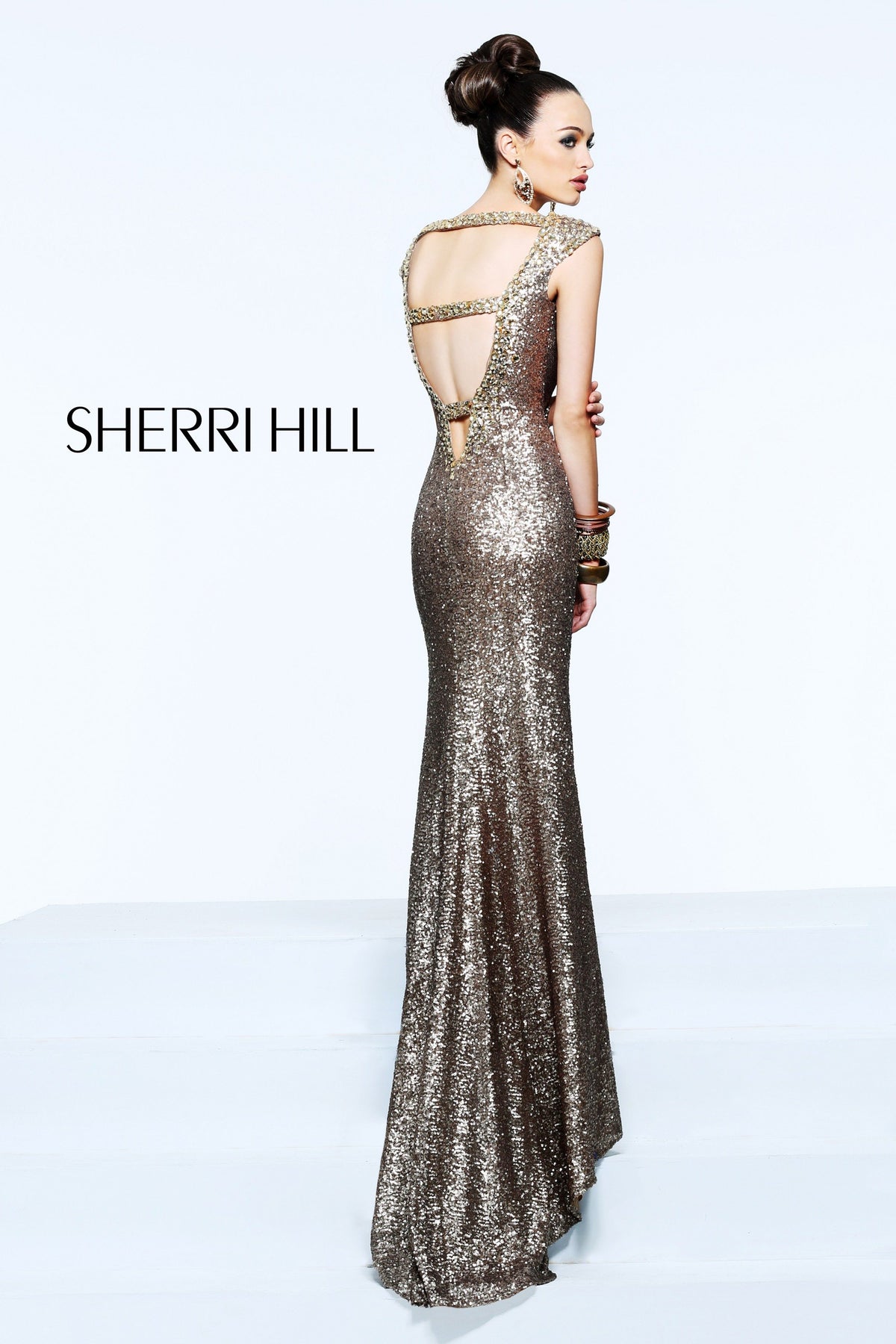Sherri Hill 2978 open-back sequin fitted gown in copper gold