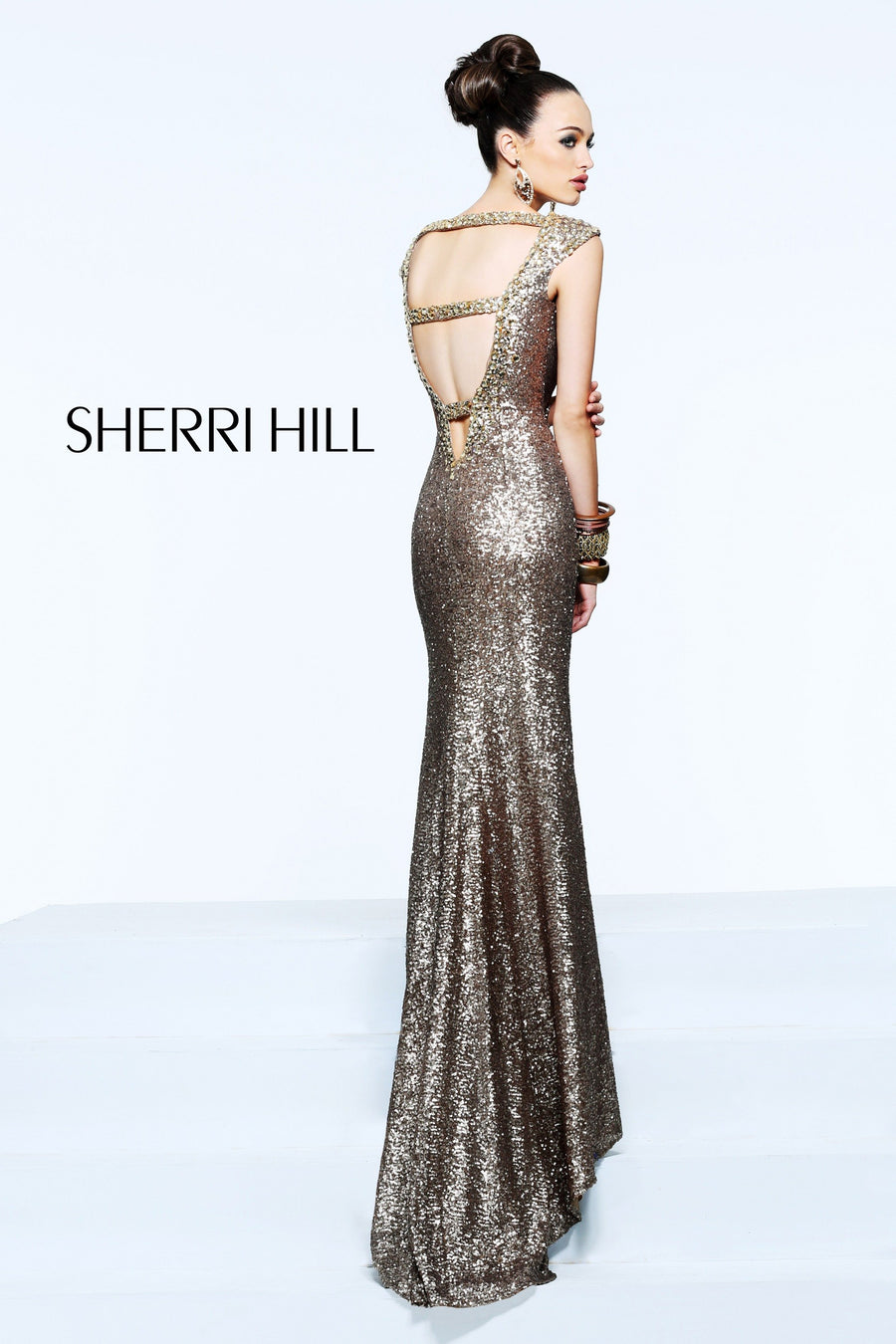 Sherri Hill style 2978 in copper gold, Open-Back Sequin Fitted Gown