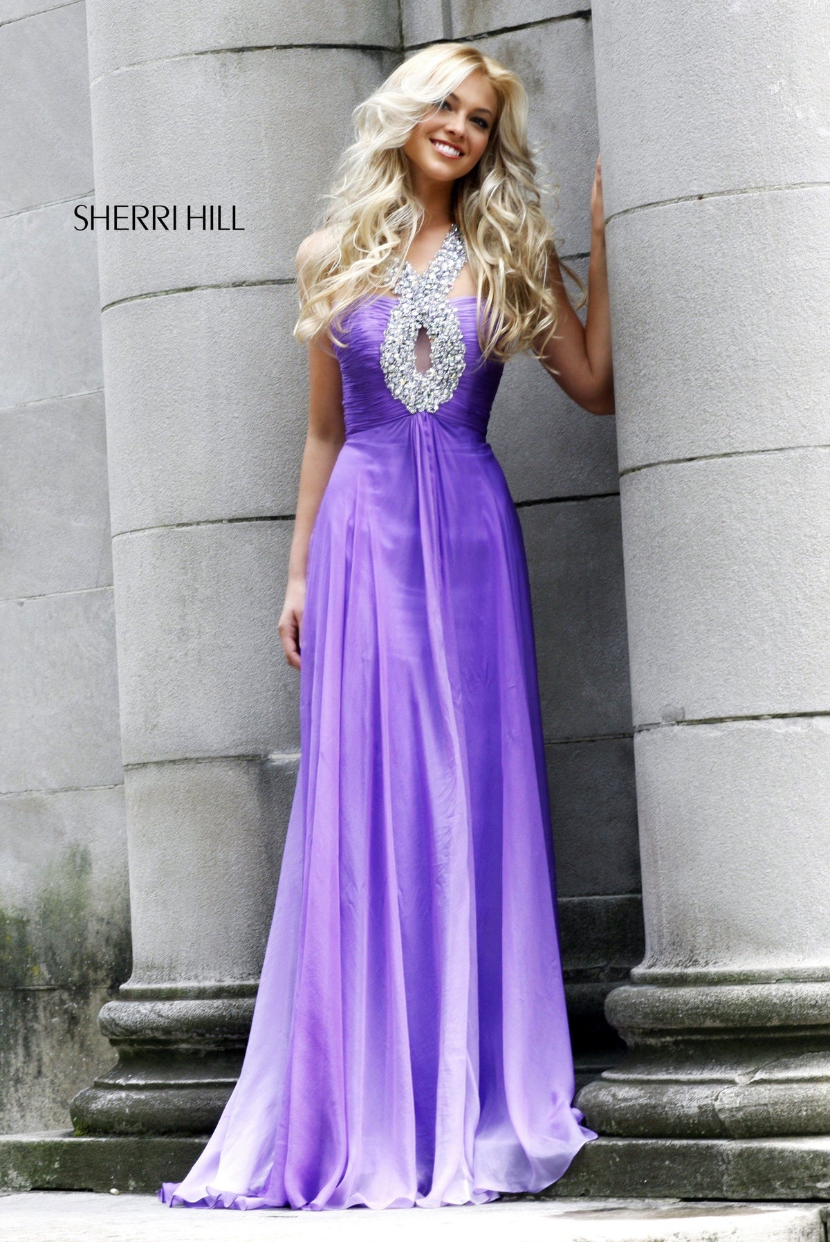 Sherri Hill 7201 halter beaded ombré chiffon gown in purple ombre