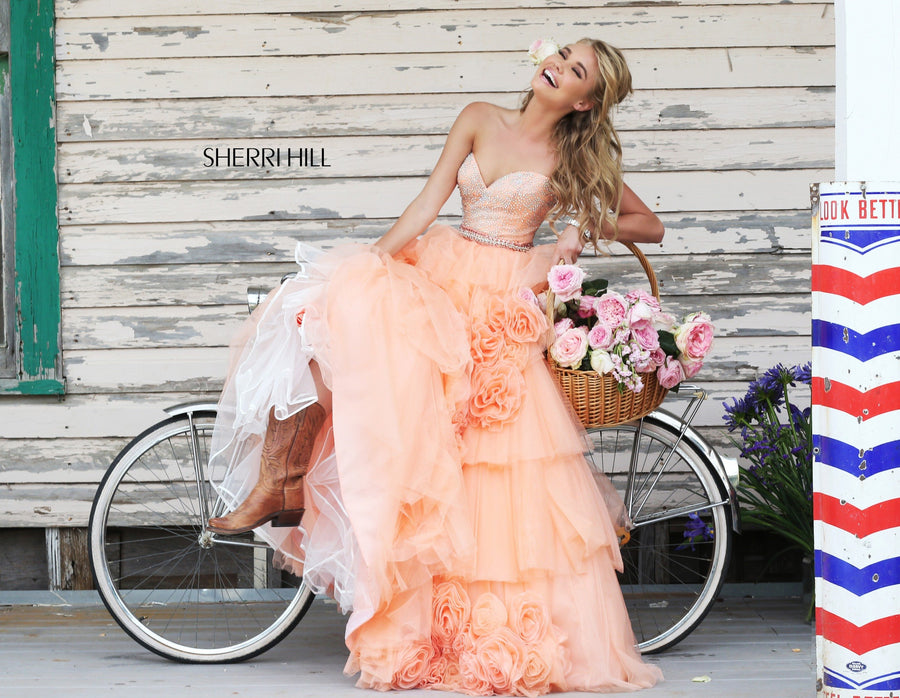 Sherri Hill style 21358 in peach, Strapless Beaded Gown with Ruffled Skirt