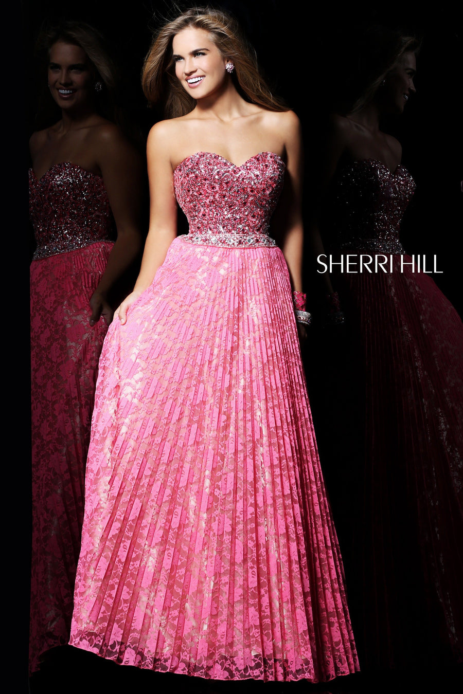 Sherri Hill style 8505 in coral, Strapless Beaded Gown with Pleated Skirt