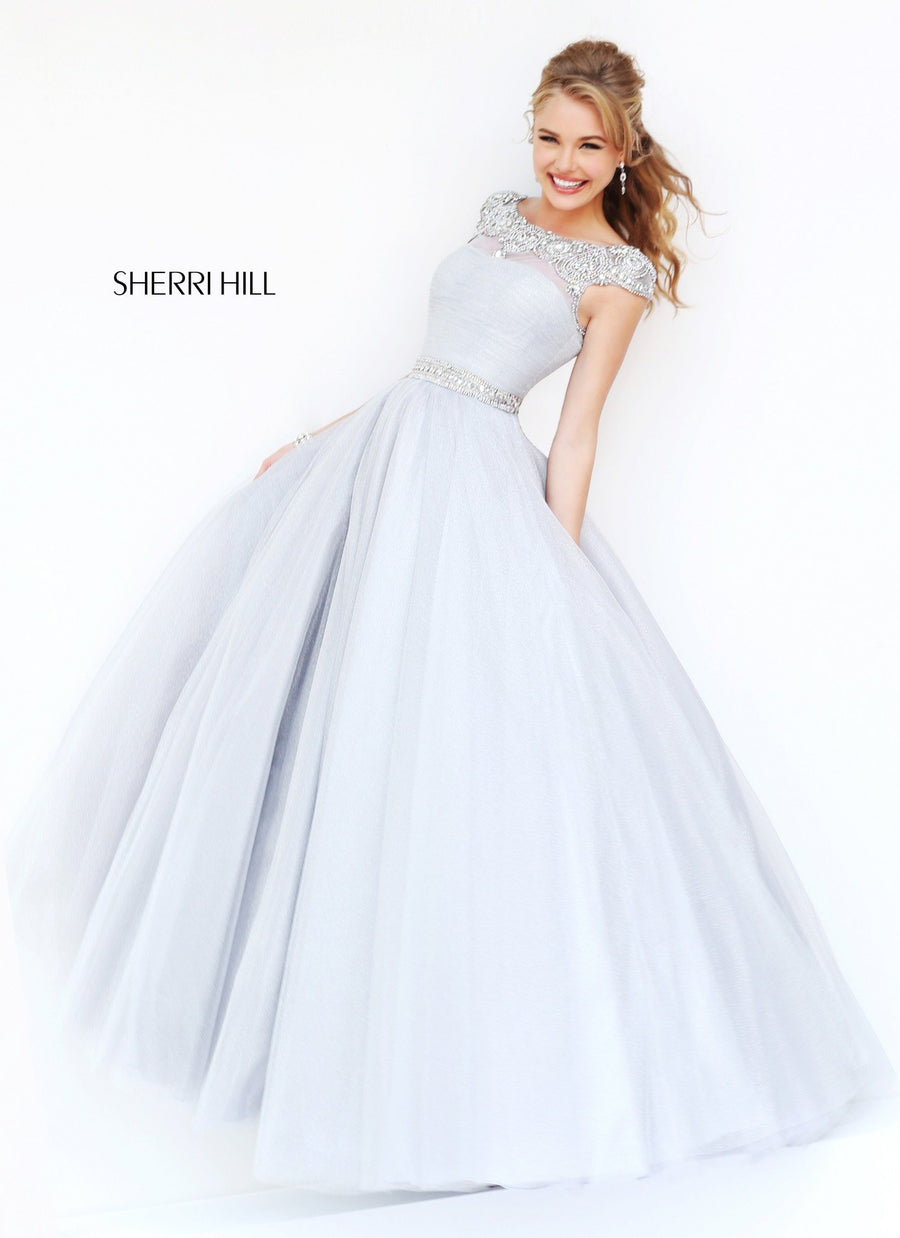 Sherri Hill style 21360 in gold, Cap-Sleeve Tulle Ball Gown