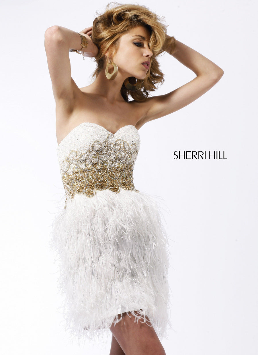Sherri Hill style 3804 in white/gold, Strapless Cocktail Dress with Beaded Waist