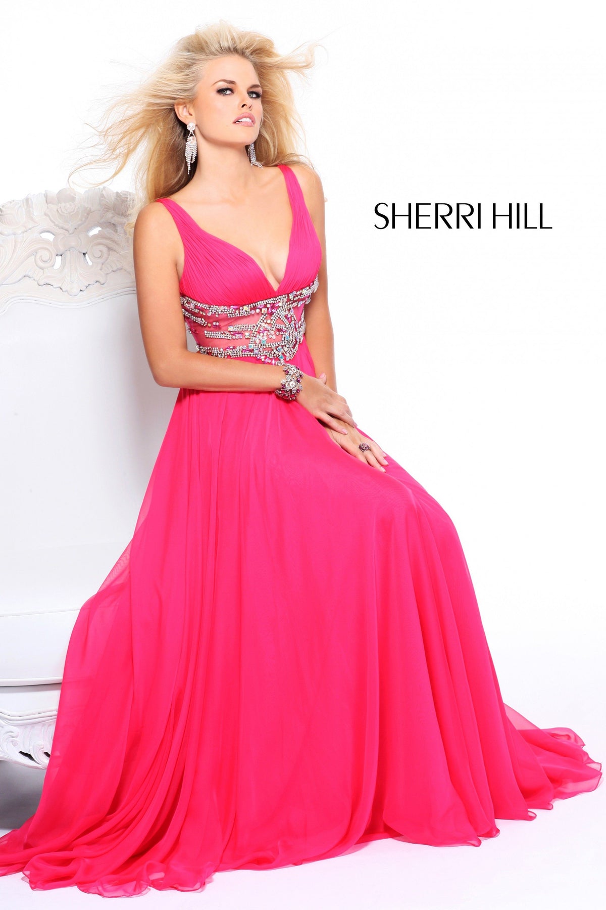 Sherri Hill 1550 V-neck chiffon gown with beaded waist in lipstick
