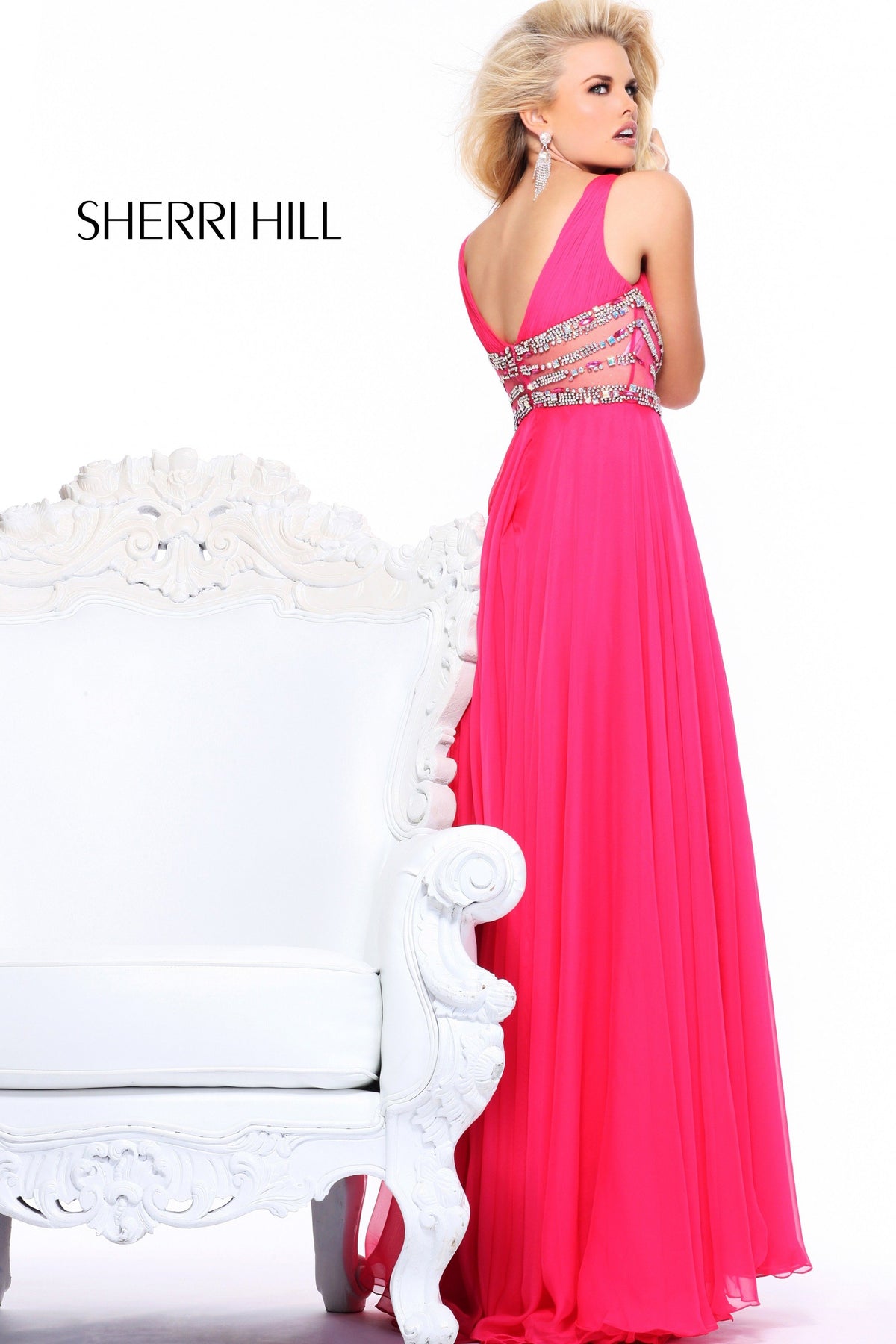 Sherri Hill 1550 V-neck chiffon gown with beaded waist