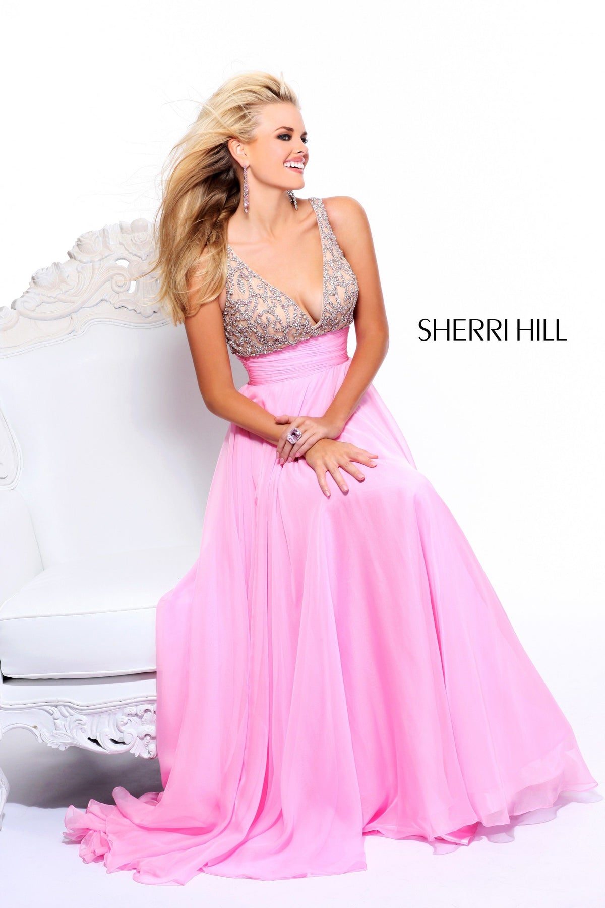 Sherri Hill 1563 one-shoulder beaded chiffon gown in pink
