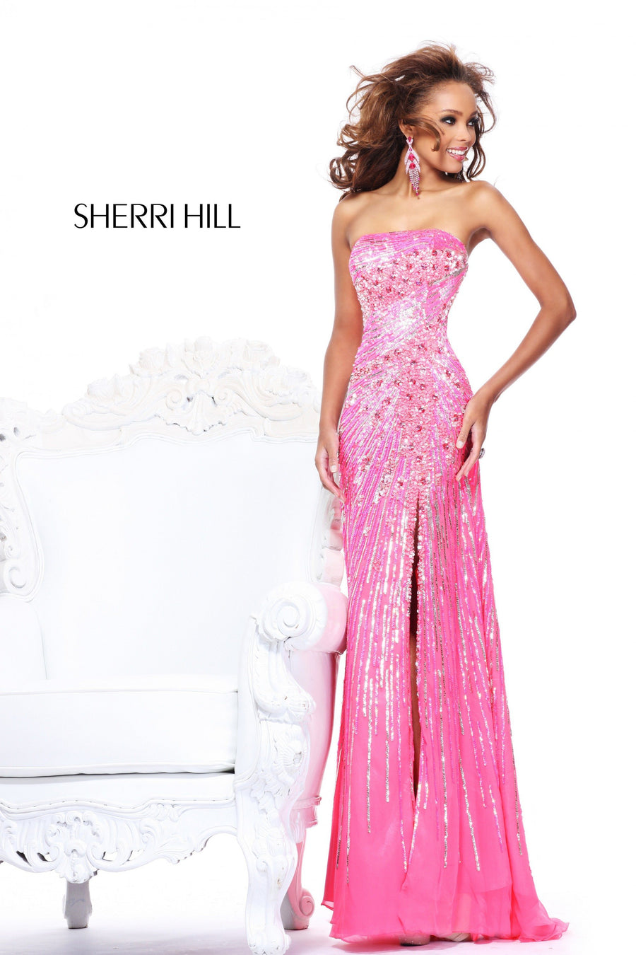 Sherri Hill style 8515 in strawberry, Strapless Sequin Fitted Gown with Slit