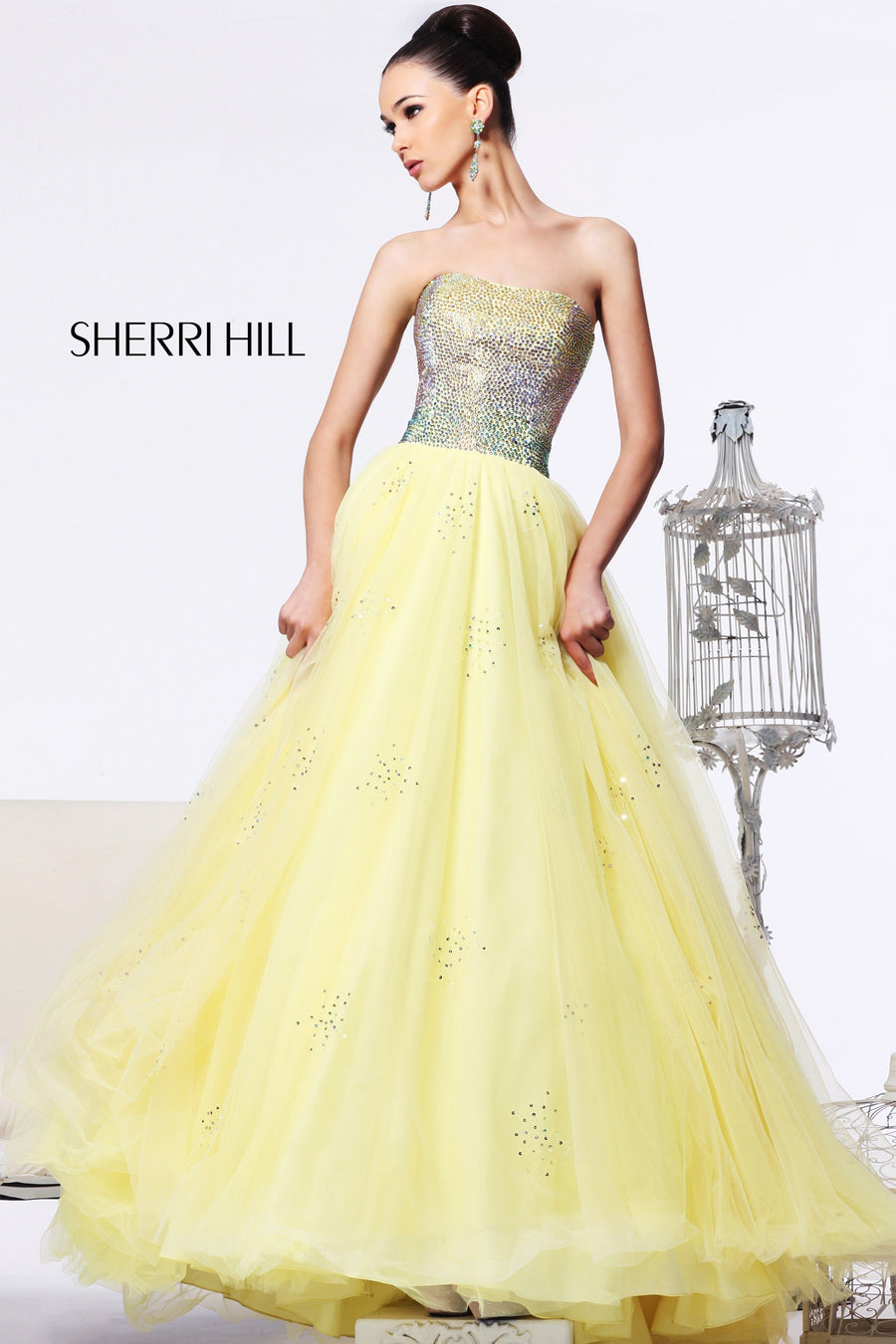 Sherri Hill style 21020 in pink, Strapless Beaded Tulle Gown