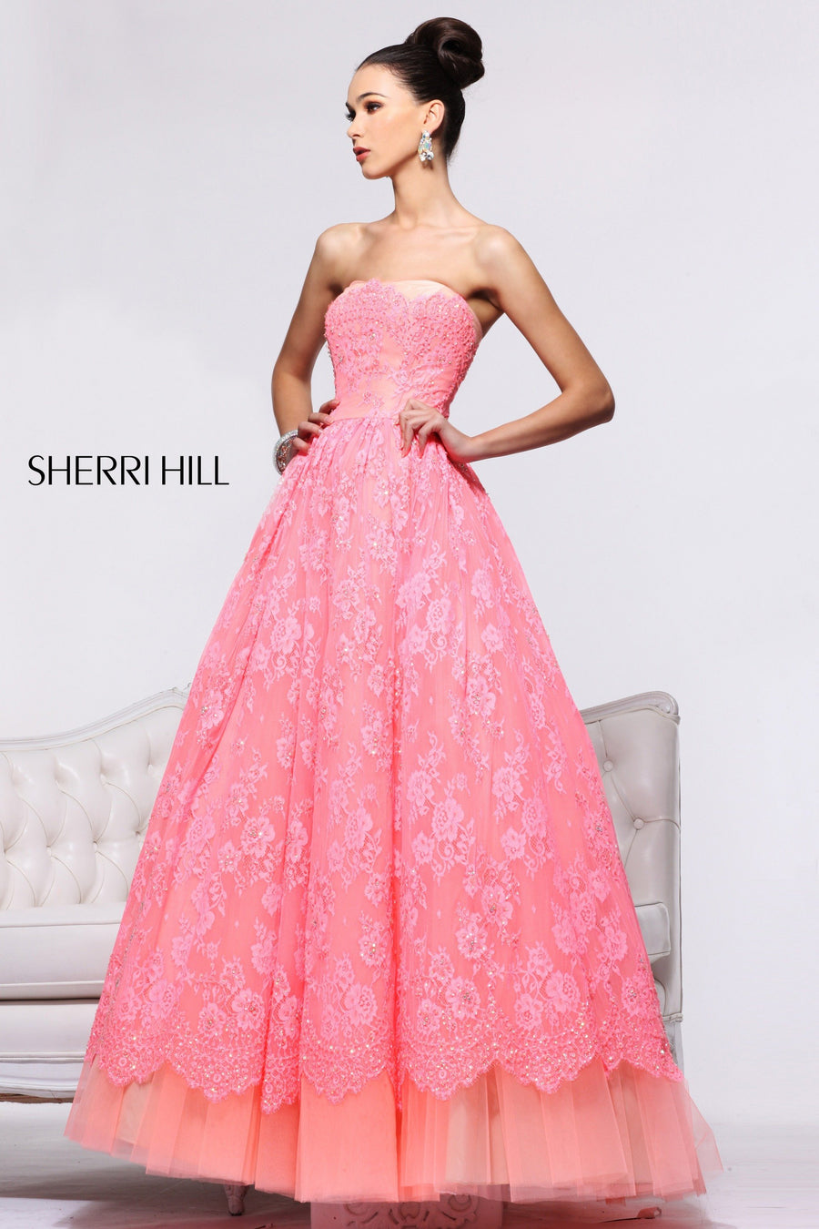 Sherri Hill style 21021 in neon pink, Strapless Lace Ball Gown