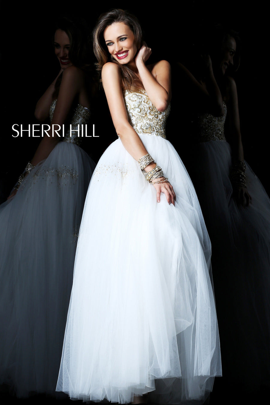Sherri Hill style 21059 in ivory/gold, Strapless Beaded Tulle Ball Gown