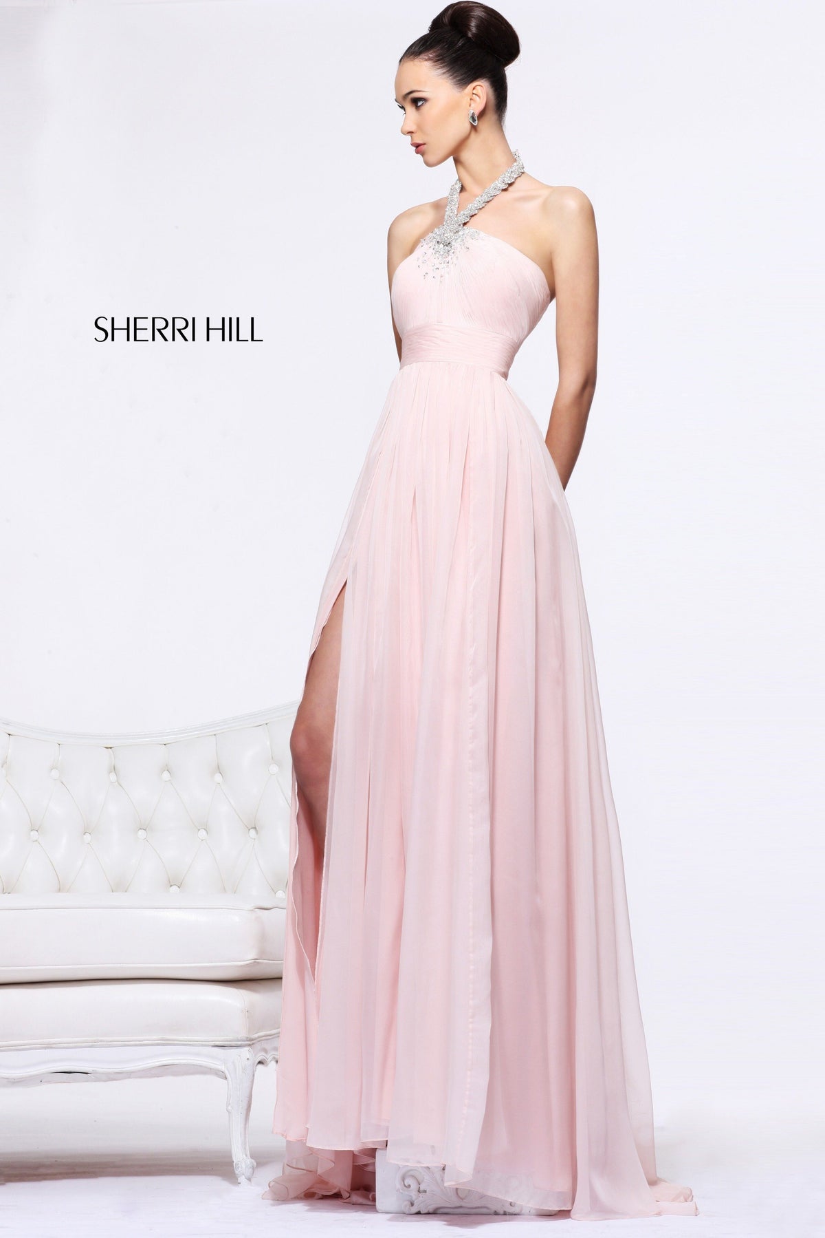 Sherri Hill 1906 one-shoulder chiffon gown with slit in blush