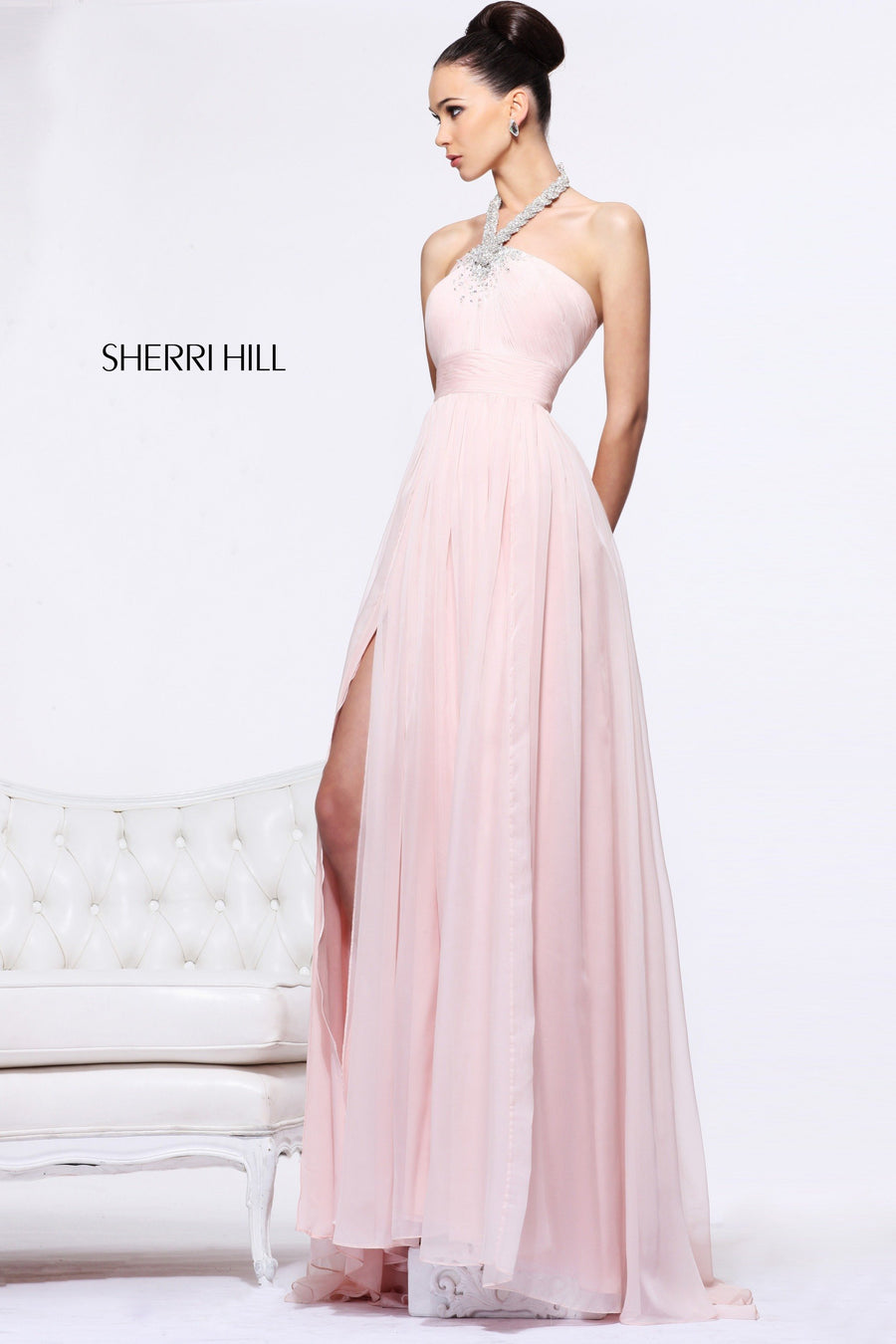 Sherri Hill style 1906 in blush, One-Shoulder Chiffon Gown with Slit