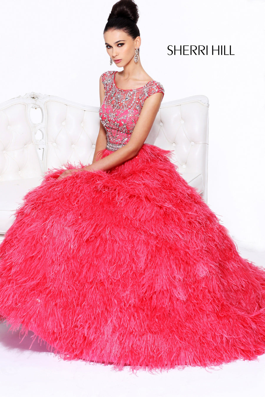 Sherri Hill style 21064 in coral/silver, Cap-Sleeve Beaded Ball Gown