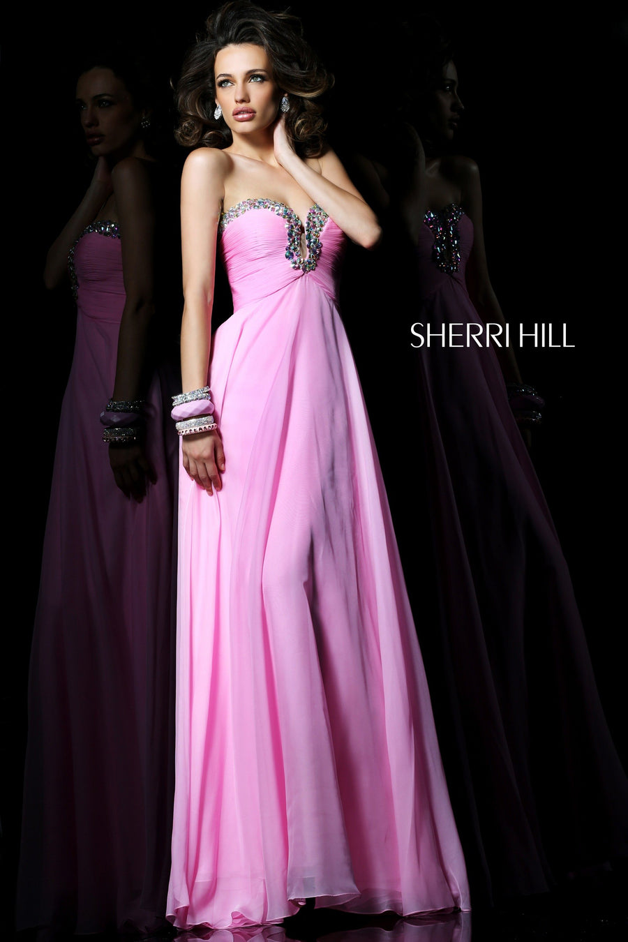 Sherri Hill style 21097 in watermelon, Strapless Beaded Chiffon Gown