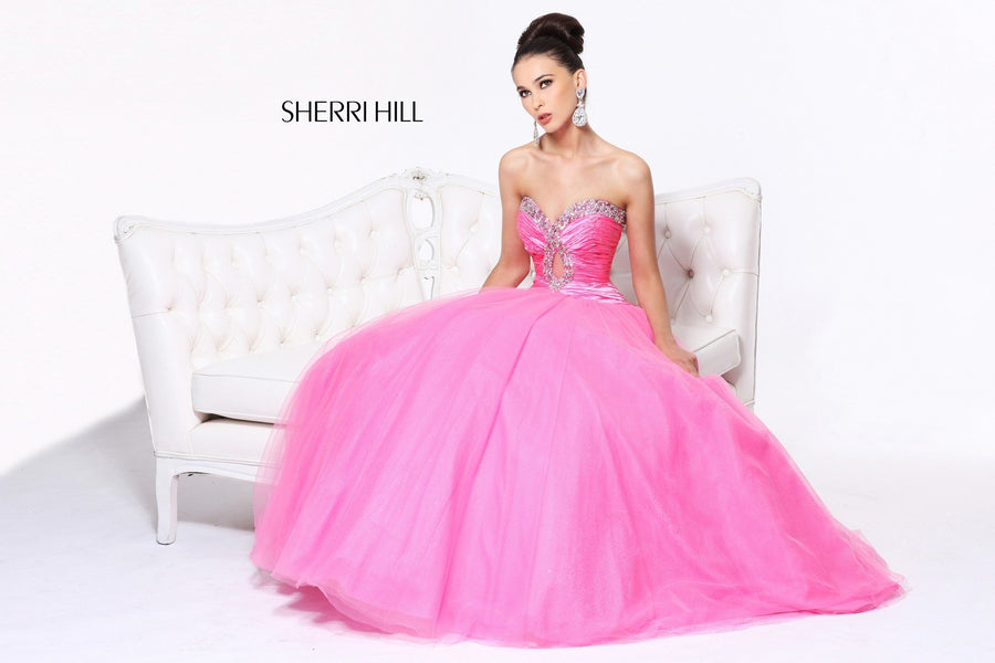 Sherri Hill style 21009 in candy pink, Strapless Beaded Tulle Ball Gown