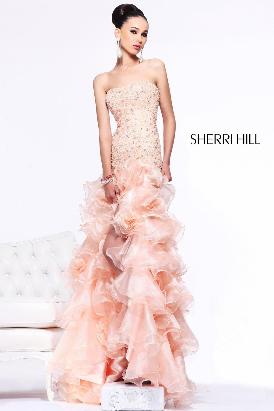 Sherri Hill style 21116 in peach, Strapless Beaded Mermaid Gown