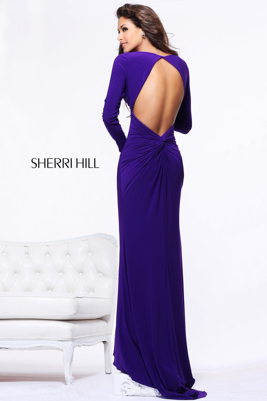 Sherri Hill style 21126 in purple, Long-Sleeve Fitted Jersey Gown with Open Back