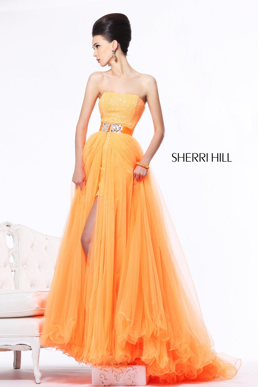 Sherri Hill style 21139 in neon lime, Strapless Tulle Gown with Slit