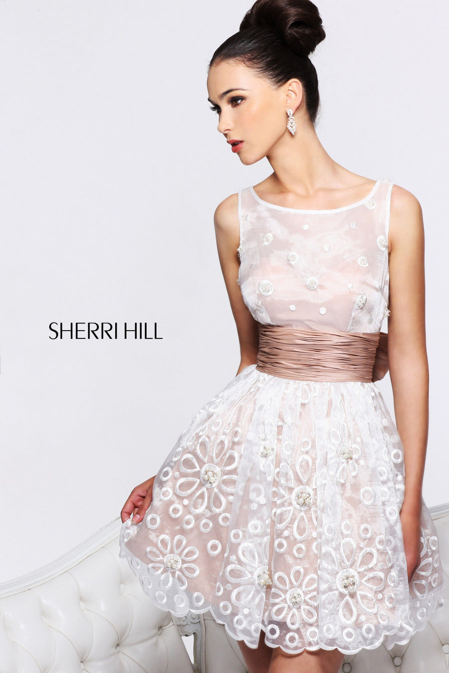 Sherri Hill style 21144 in ivory/nude, Lace Cocktail Dress with Satin Waist