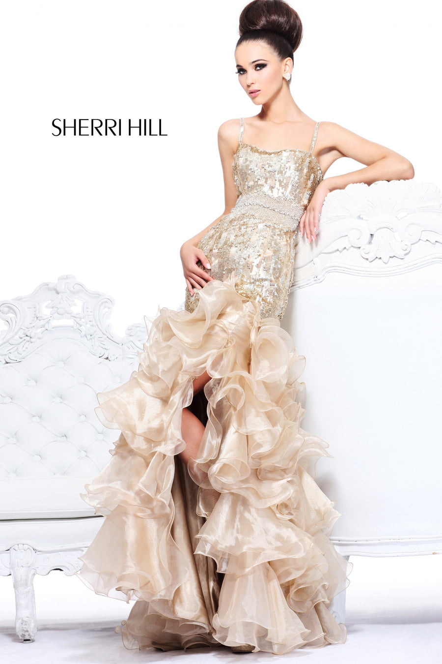 Sherri Hill style 21003 in peach, One-Shoulder Beaded High-Low Dress